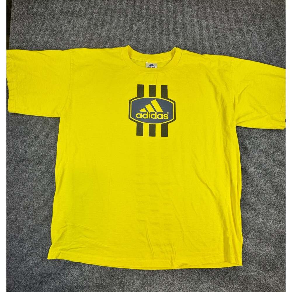 Vintage Adidas‎ T-Shirt Mens XL Yellow Graphic 3 Stripe Made in USA Cotton Tee
